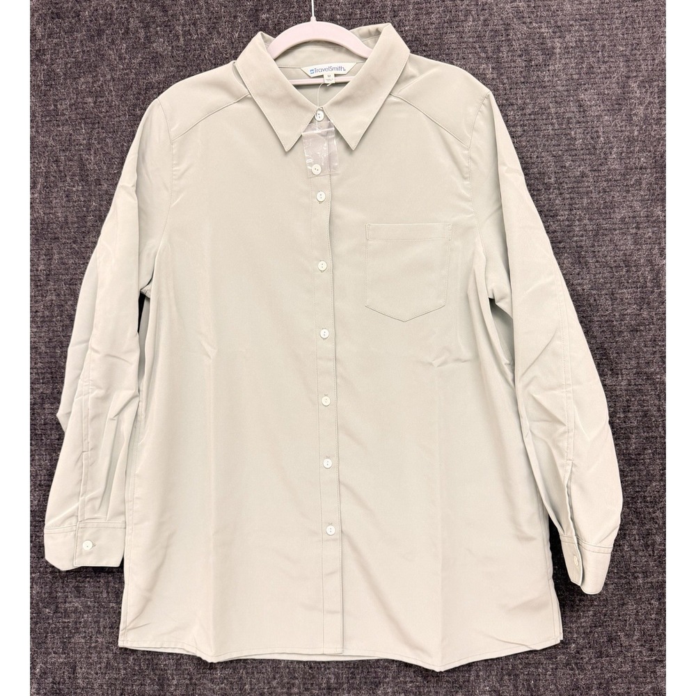 Travelsmith Womens Button Down Long Sleeve Shirt Med Green Lightweight Pocket